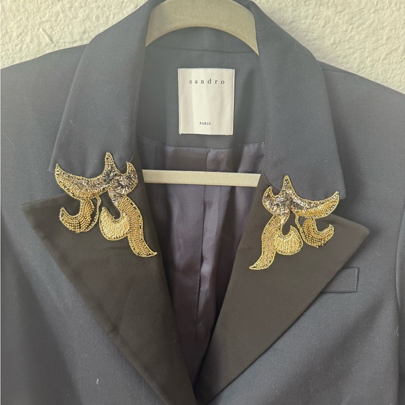 Sandro Paris Navy Blue Tailored Jacket With Jeweled Patches - Picture 6 of 6